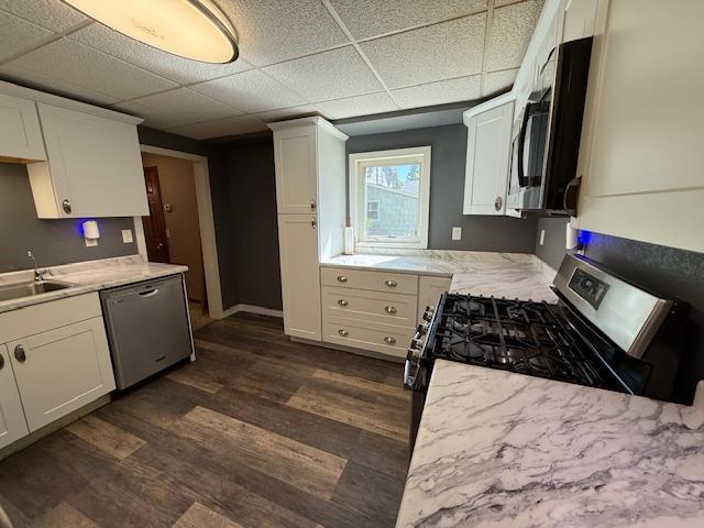220 Front St E, Redwood Falls, MN 56283 - kitchen featuring appliances with stainless steel finishes, a drop ceiling, dark wood-style floors, white cabinets, and a sink