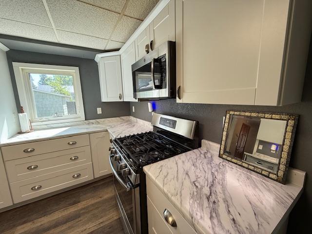 220 Front St E, Redwood Falls, MN 56283 - kitchen with appliances with stainless steel finishes, dark wood-style flooring, white cabinets, light stone countertops, and a drop ceiling