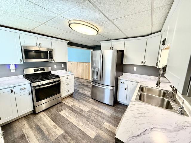 220 Front St E, Redwood Falls, MN 56283 - kitchen with appliances with stainless steel finishes, a drop ceiling, light wood finished floors, white cabinets, and light stone countertops