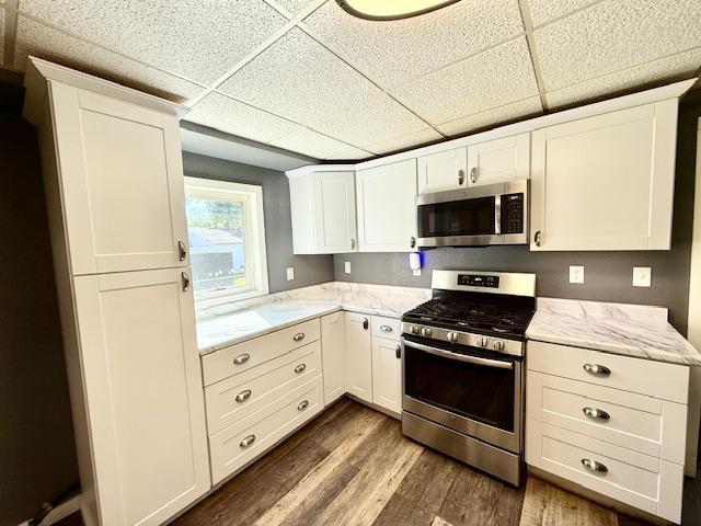 220 Front St E, Redwood Falls, MN 56283 - kitchen featuring stainless steel appliances, a paneled ceiling, dark wood-style floors, white cabinetry, and light stone countertops
