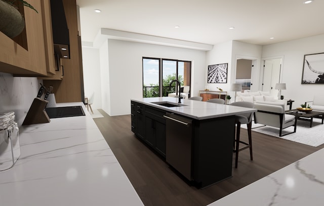 2815 44th St Unit 8, Minneapolis, MN 55410 - kitchen with a sink, dishwasher, a kitchen bar, recessed lighting, and light stone countertops