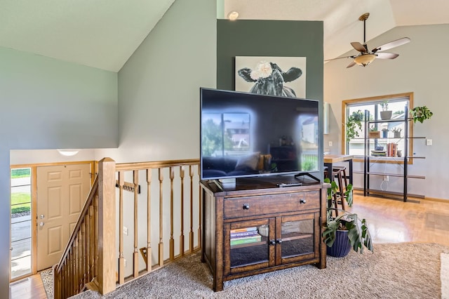 220 Maverick Ave, Elko New Market, MN 55054 - living area featuring a ceiling fan, wood finished floors, and high vaulted ceiling
