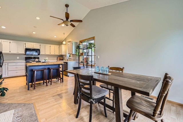 220 Maverick Ave, Elko New Market, MN 55054 - dining area with a ceiling fan, high vaulted ceiling, light wood-type flooring, and recessed lighting