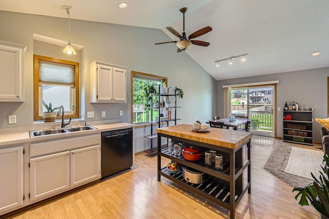 220 Maverick Ave, Elko New Market, MN 55054 - kitchen featuring dishwasher, lofted ceiling, white cabinets, ceiling fan, and light wood-style flooring