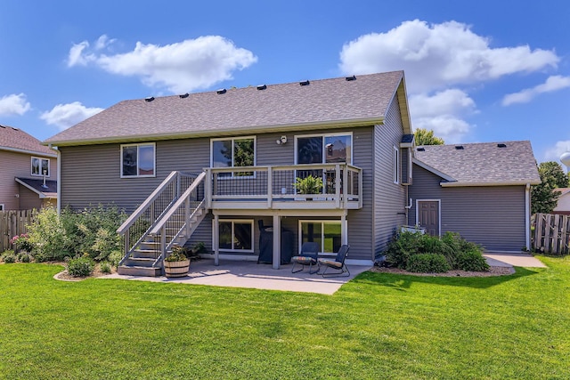 220 Maverick Ave, Elko New Market, MN 55054 - rear view of property featuring a patio area, a wooden deck, a shingled roof, and stairway