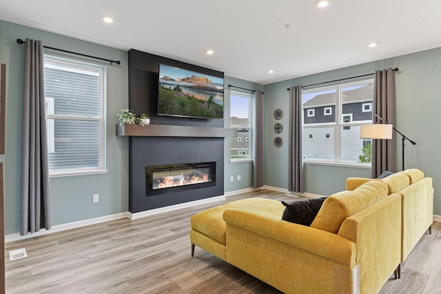 6678 Wildflower Way, Minnetrista, MN 55331 - living area with wood finished floors, a glass covered fireplace, recessed lighting, and healthy amount of natural light