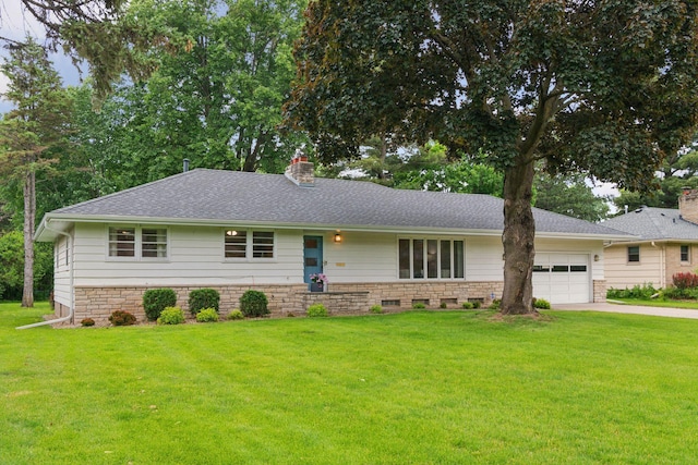 5456 Twin Lake Blvd E, Brooklyn Center, MN 55429 - ranch-style house featuring a garage, a chimney, a front lawn, driveway, and roof with shingles