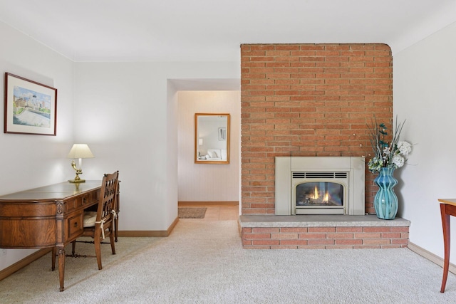 5456 Twin Lake Blvd E, Brooklyn Center, MN 55429 - living area featuring a brick fireplace, carpet floors, and a desk