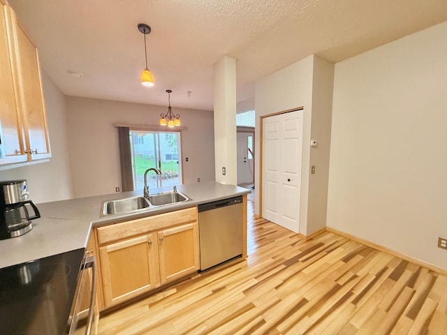 9452 Marshall Rd, Eden Prairie, MN 55347 - kitchen with stainless steel dishwasher, a sink, stove, light wood finished floors, and pendant lighting