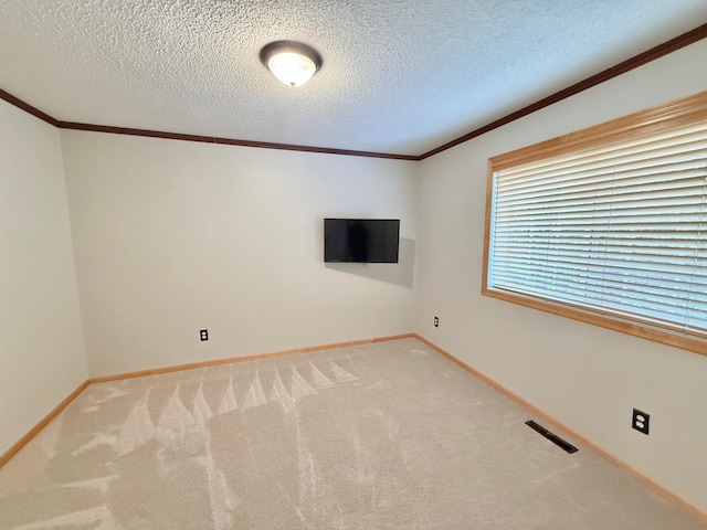 9452 Marshall Rd, Eden Prairie, MN 55347 - empty room with light colored carpet, ornamental molding, baseboards, and a textured ceiling
