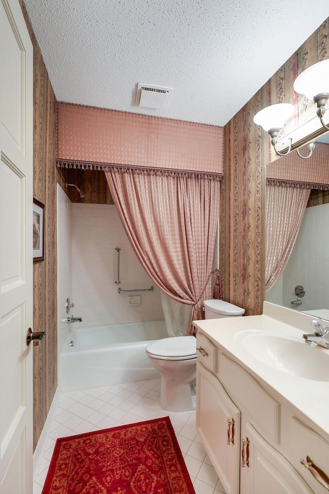 5601 Dewey Hill Rd Unit 310, Edina, MN 55439 - full bathroom with wallpapered walls, vanity, tile patterned flooring, shower / tub combo with curtain, and toilet