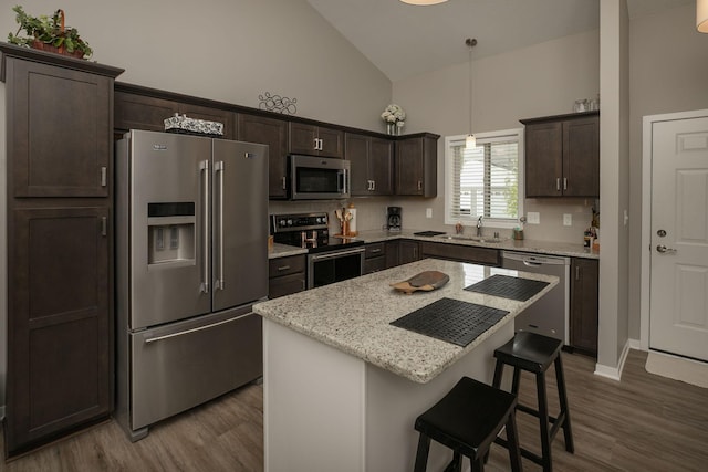 1217 Sundance Ct NE, Byron, MN 55920 - kitchen with appliances with stainless steel finishes, dark brown cabinetry, a sink, wood finished floors, and high vaulted ceiling