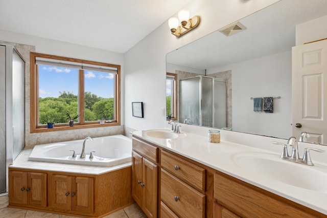13910 47th Ln NE, Saint Michael, MN 55376 - bathroom with a shower stall, double vanity, a bath, and tile patterned flooring