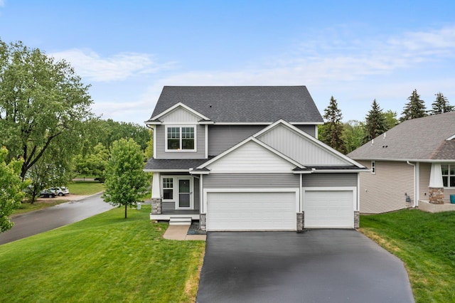 6400 Crosby Ave, Inver Grove Heights, MN 55076 - craftsman inspired home featuring driveway, roof with shingles, a front lawn, board and batten siding, and stone siding