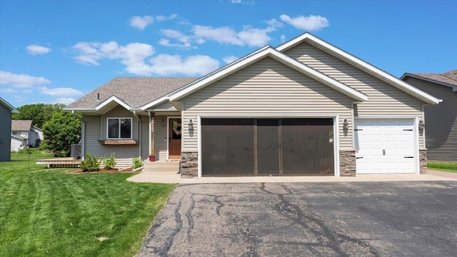 24405 18th Ave, Saint Augusta, MN 56301 - single story home featuring an attached garage, driveway, stone siding, a front yard, and roof with shingles