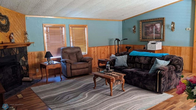 4732 San Juan Dr, Fargo, ND 58103 - living area featuring wooden walls, wainscoting, wood finished floors, and a stone fireplace