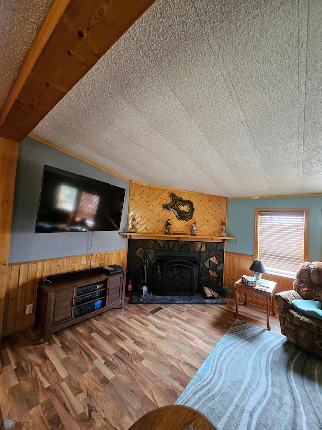 4732 San Juan Dr, Fargo, ND 58103 - living area featuring wood walls, wood finished floors, a stone fireplace, and a wainscoted wall