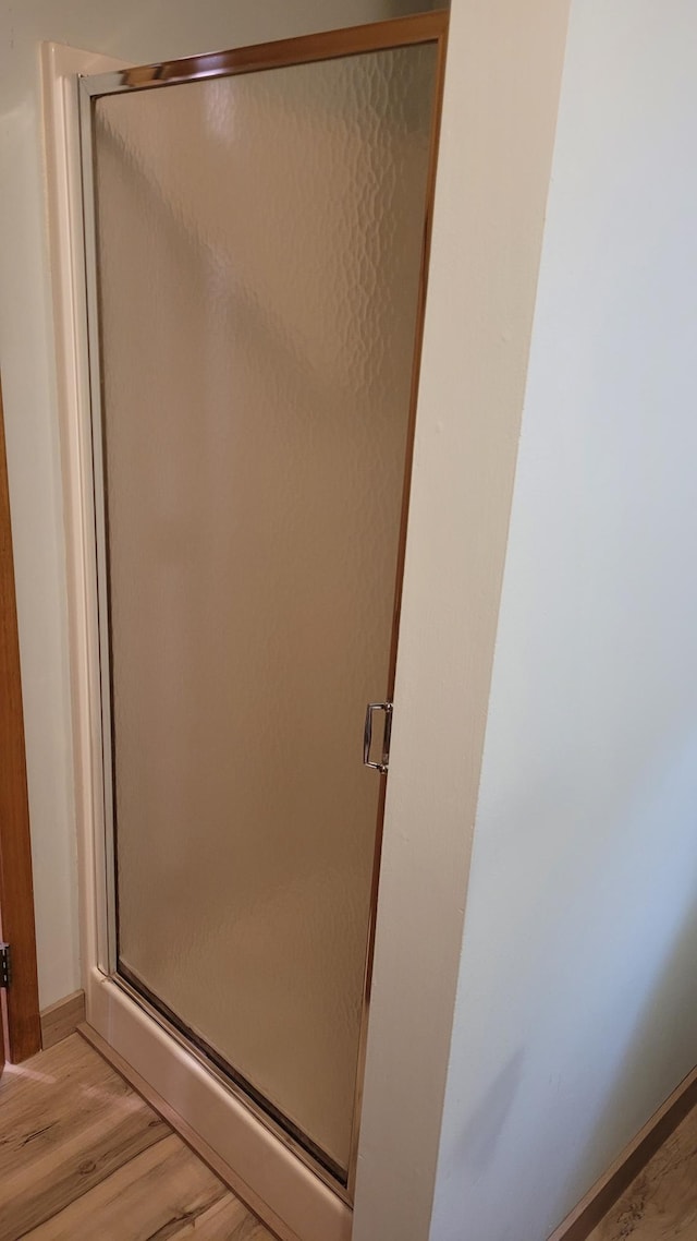 3454 44th Ave SW, Pine River, MN 56474 - bathroom featuring wood finished floors and a shower stall