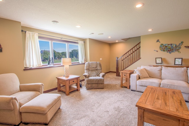 2142 Monarch Ct, Sartell, MN 56377 - living area featuring carpet, recessed lighting, stairs, baseboards, and a textured ceiling