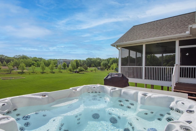 2142 Monarch Ct, Sartell, MN 56377 - view of pool with a hot tub, grilling area, a sunroom, and a lawn