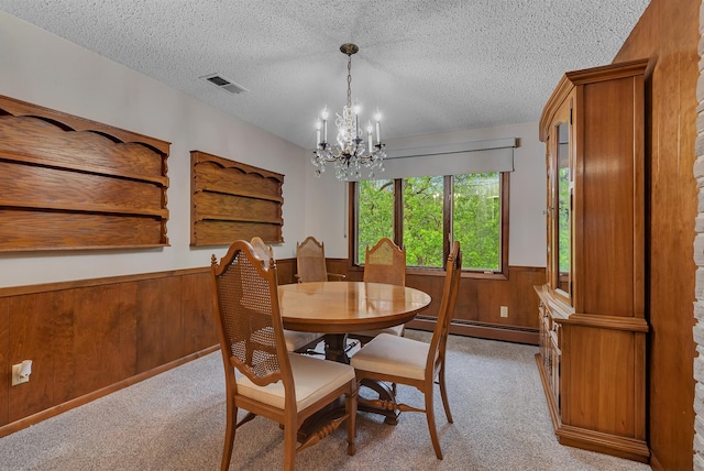 2916 Golf View Ct, Saint Cloud, MN 56301 - dining room featuring a baseboard radiator, wainscoting, a textured ceiling, wood walls, and light colored carpet