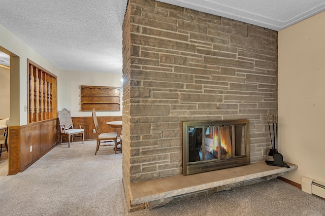 2916 Golf View Ct, Saint Cloud, MN 56301 - detailed view of a baseboard heating unit, a textured ceiling, carpet floors, and a fireplace