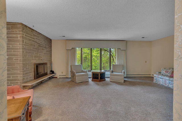 2916 Golf View Ct, Saint Cloud, MN 56301 - living area with a textured ceiling, a stone fireplace, carpet, and baseboard heating