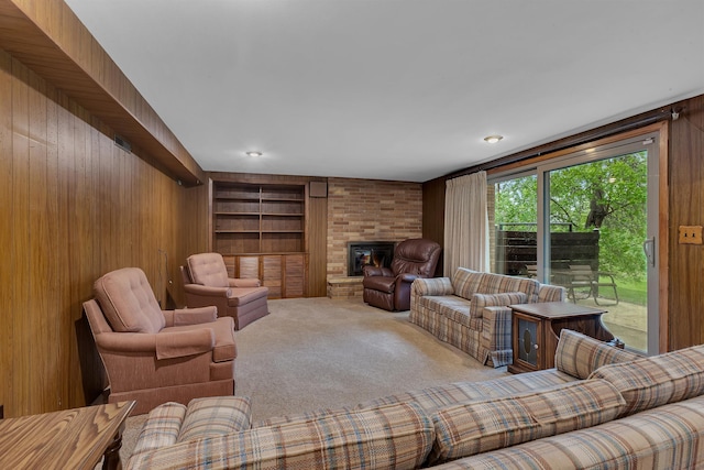2916 Golf View Ct, Saint Cloud, MN 56301 - carpeted living area with wood walls, built in features, and a brick fireplace