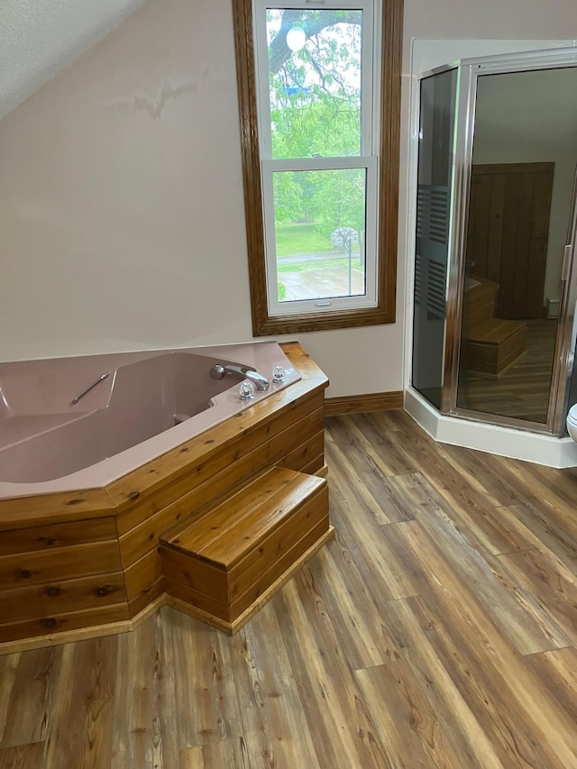 903 2nd St, Princeton, MN 55371 - full bath featuring a bath, a stall shower, wood finished floors, baseboards, and lofted ceiling