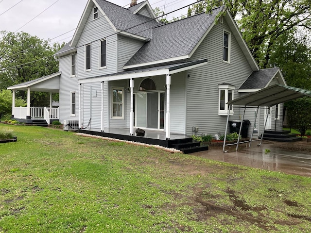 903 2nd St, Princeton, MN 55371 - view of home's exterior with covered porch, roof with shingles, a carport, a yard, and a chimney