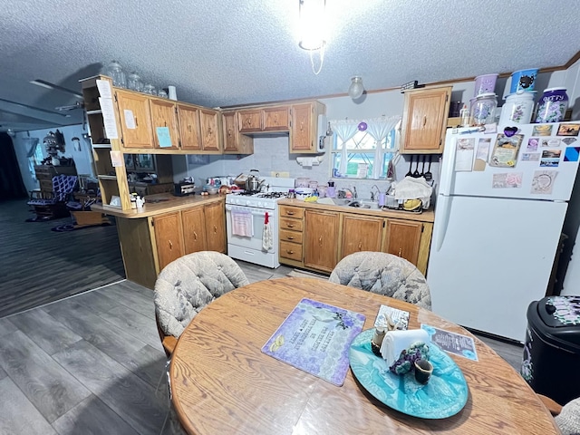 21486 121st Ave, Spring Valley, MN 55975 - kitchen featuring white appliances, a textured ceiling, light countertops, a sink, and wood finished floors