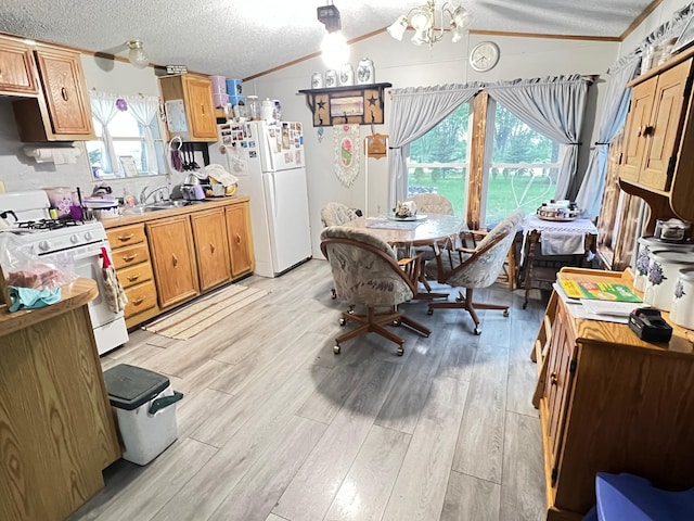 21486 121st Ave, Spring Valley, MN 55975 - kitchen with white appliances, light wood-style floors, ornamental molding, a textured ceiling, and a chandelier