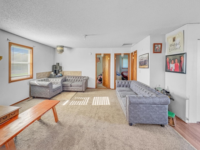 398 11 1/2 Ave, Turtle Lake, WI 54889 - living area featuring a wood stove, a textured ceiling, carpet, and baseboards