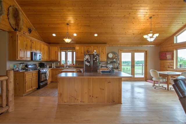 2200 405th Ave NW, Braham, MN 55006 - kitchen featuring black gas stove, fridge with ice dispenser, wood ceiling, lofted ceiling, and a chandelier