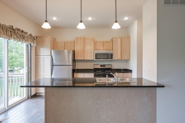 12396 67th St NE, Otsego, MN 55330 - kitchen featuring stainless steel appliances, light brown cabinetry, wood finished floors, a sink, and recessed lighting
