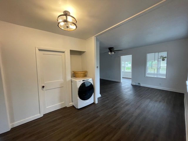 202 Main St W, Morristown, MN 55052 - laundry area featuring washer / clothes dryer, dark wood-style floors, baseboards, and ceiling fan