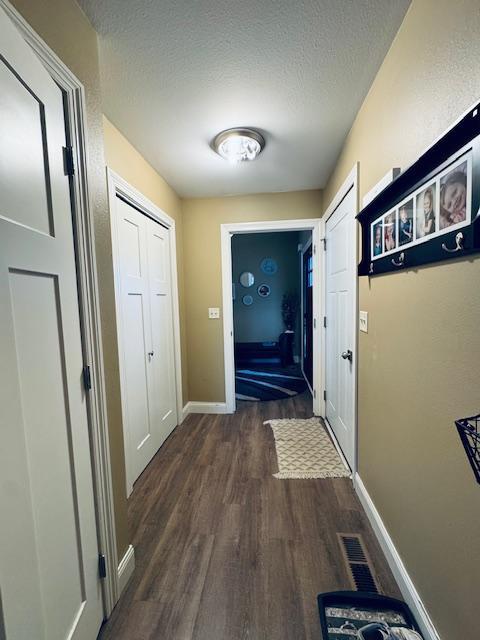 1320 Whiting Rd NW Unit 41, Bemidji, MN 56601 - hall featuring dark wood-type flooring, baseboards, and a textured ceiling