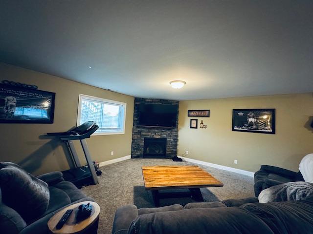 1320 Whiting Rd NW Unit 41, Bemidji, MN 56601 - carpeted living area featuring baseboards and a fireplace
