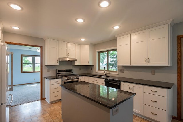 2851 120th Ave SW, Willmar, MN 56201 - kitchen featuring stainless steel range, under cabinet range hood, a sink, black dishwasher, and freestanding refrigerator