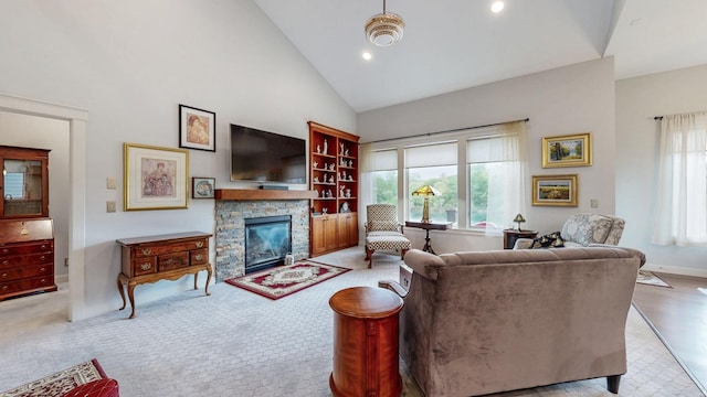 1829 Traders Point Ln SW, Rochester, MN 55902 - living area featuring high vaulted ceiling, a fireplace, recessed lighting, and baseboards