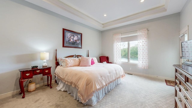 1829 Traders Point Ln SW, Rochester, MN 55902 - bedroom with a raised ceiling, light carpet, baseboards, recessed lighting, and ornamental molding