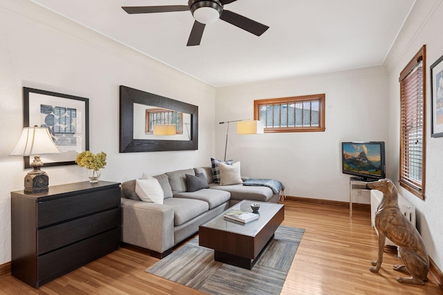 5117 48th St, Edina, MN 55436 - living room featuring wood finished floors, baseboards, a ceiling fan, and ornamental molding