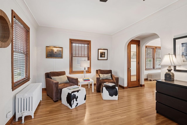 5117 48th St, Edina, MN 55436 - living area featuring radiator heating unit, arched walkways, light wood-style floors, crown molding, and baseboards