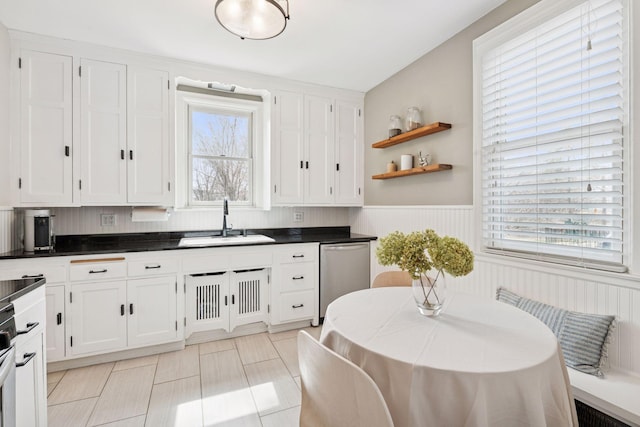 5117 48th St, Edina, MN 55436 - kitchen with stainless steel dishwasher, a sink, wainscoting, white cabinetry, and dark countertops