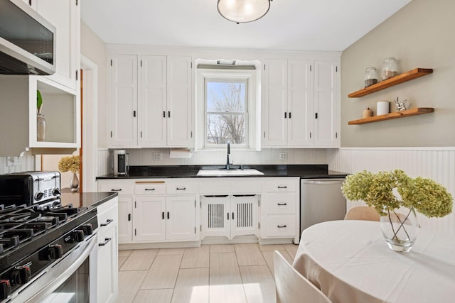 5117 48th St, Edina, MN 55436 - kitchen with appliances with stainless steel finishes, a sink, white cabinetry, dark countertops, and wainscoting