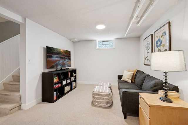 5117 48th St, Edina, MN 55436 - living area featuring light carpet, stairway, and baseboards