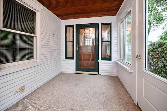 919 Howard St, Winona, MN 55987 - unfurnished sunroom with wooden ceiling, healthy amount of natural light, wood walls, and carpet