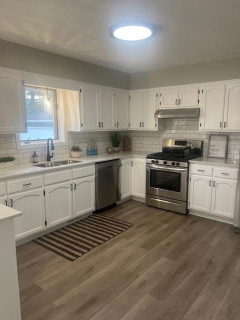 4207 Fillmore St NE, Columbia Heights, MN 55421 - kitchen featuring appliances with stainless steel finishes, a sink, under cabinet range hood, white cabinetry, and backsplash