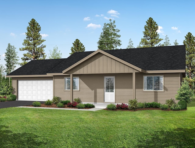 ranch-style home with asphalt driveway, an attached garage, a front lawn, and roof with shingles