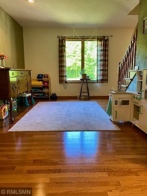 23110 Grandview Loop, Long Prairie Twp, MN 56347 - recreation room with wood finished floors, a textured ceiling, and baseboards